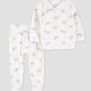 🍒Carter's White Ribbed Two-Piece Pajama Set with Light Blue Pony Print